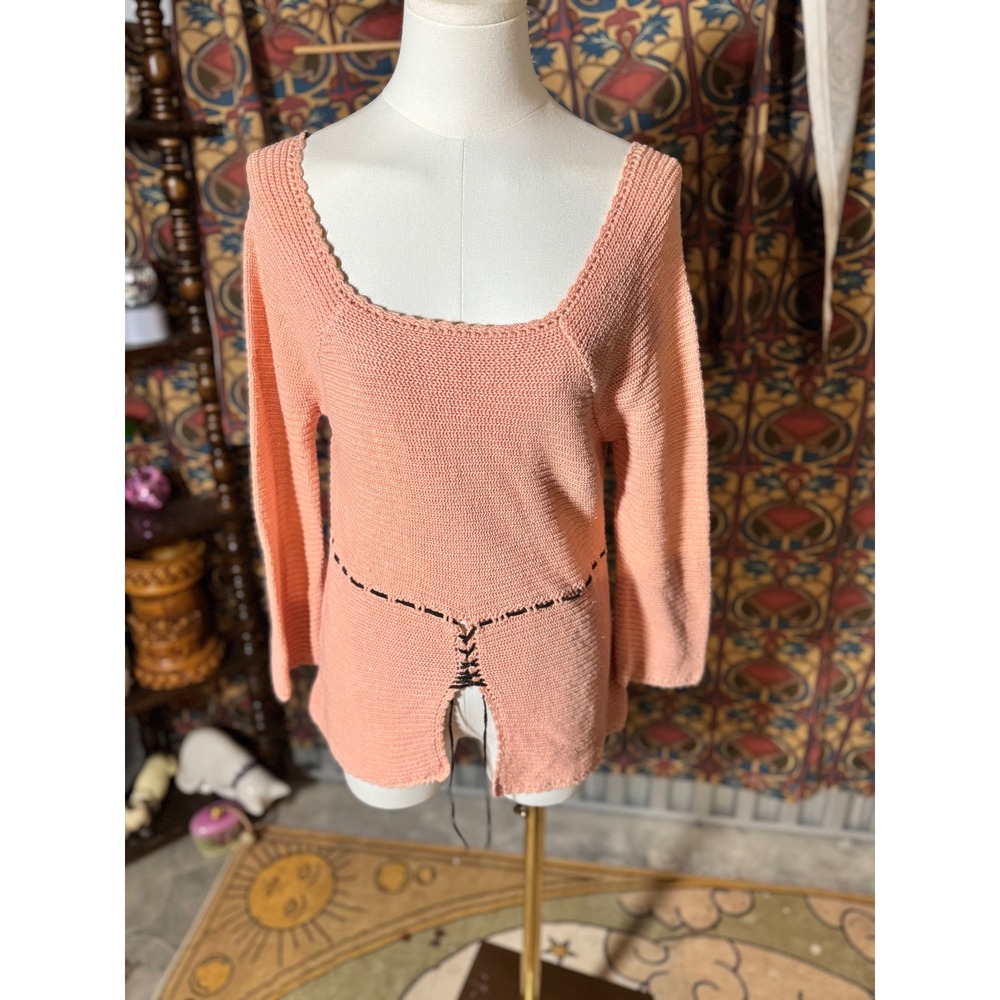 No Boundaries Juniors Peach Knit Cropped Sweater Square Neck Long Sleeve